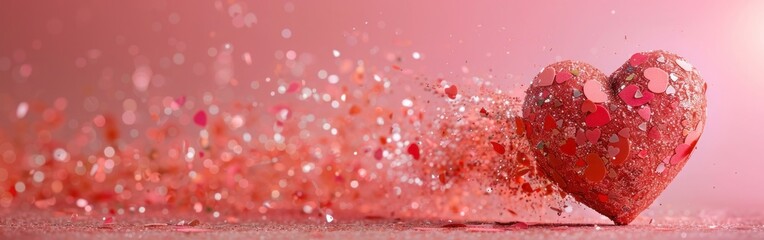 Broken Glitter Heart on Pink Background: Valentine's Day Love Emergence with Living Coral Color of the Year
