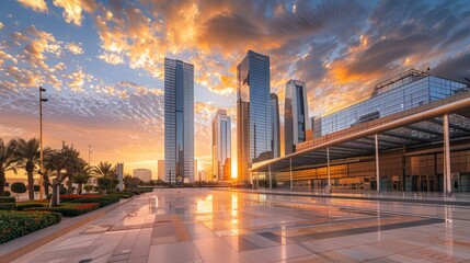 Sunset over large buildings equipped with the latest technology, King Abdullah Financial District,...