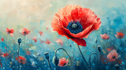 Poppy, flower in a field, red, blue, green, daylight, close-up, watercolor, painting, oil paint