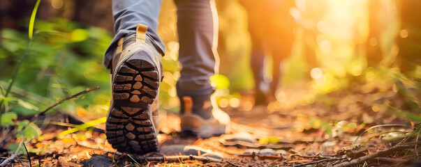 Hikers walking in a forest in the sunset light, rear view of a hiker's shoe with copy space for text