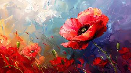 Poppy, flower in a field, red, blue, green, daylight, close-up, watercolor, painting, oil paint