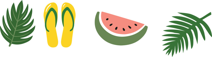 minimalistic flat vector summer set with watermelon,  flip flops and palm leaf summer illustration on white background isolated