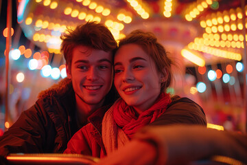 A young couple shares a tender moment in a carousel, the lights creating a magical atmosphere