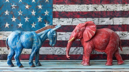 A blue donkey and red elephant on an American flag background.