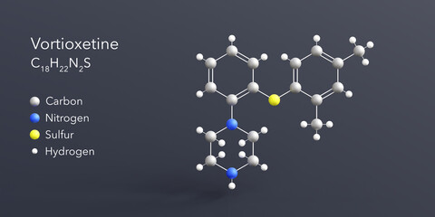 vortioxetine molecule 3d rendering, flat molecular structure with chemical formula and atoms color coding