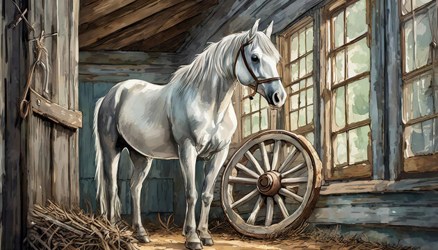 painting of a white horse in front of a wooden wagon wheel and wooden windows in the barn. illustration for children	