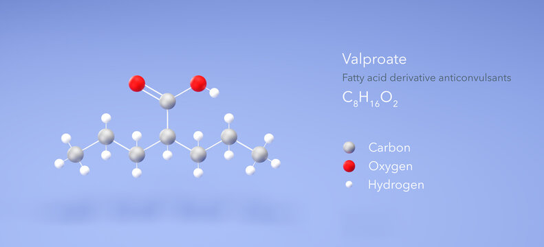 valproate molecule, molecular structures, valproic acid, 3d model, Structural Chemical Formula and Atoms with Color Coding