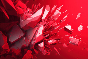 Shards of shiny glass and ice in flight, isolate, red background. AI generated
