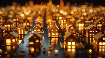 Golden Miniature Town with Minimal Homes, Cars and Street on Black Background