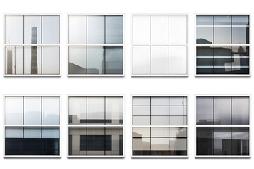 Collection of sleek commercial building windows isolated on a white background, featuring modern glass and steel frames  Generative AI,
