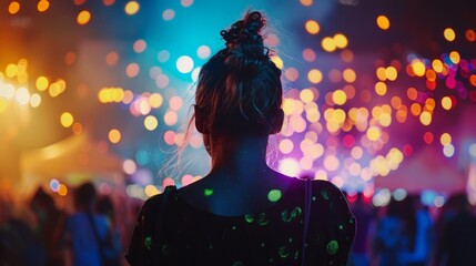 A woman confidently addresses a large crowd of people gathered in front of her.