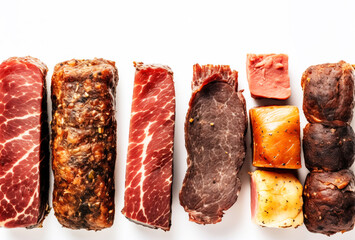 Smoked fresh meat, different varieties in a row. White background isolate. AI generated.