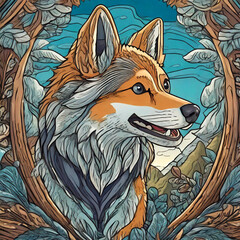 Wild fox canine, abstract cartoon illustration.