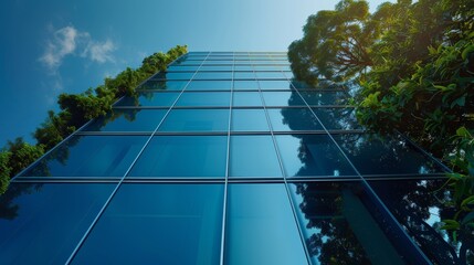 Skyscraper with green plant reflections, showcasing integration of green spaces in urban planning