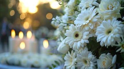 Memorial Tribute: Close-Up of White Flowers and Candles at Outdoor Funeral