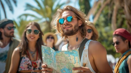 A group of young adventurers explore the outdoors, led by a handsome man with flowing blonde hair and sunglasses, holding a map, with friends following under a sunny sky.