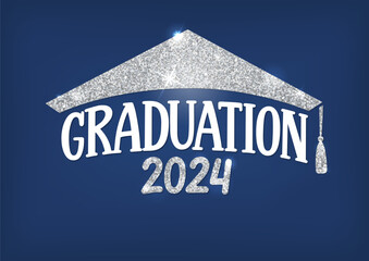 Graduation 2024. Lettering in form of silver glitter cap. Vector illustration on blue background.