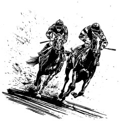 Illustration of two horses and jockeys in a race on a track throwing mud