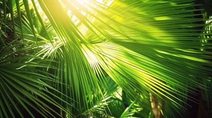 Obraz premium Nature, tropical palm leaves with sun rays in summer, wallpaper background. AI generated.