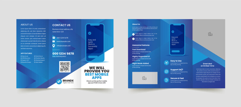Mobile app promotion trifold business brochure template. Creative and Professional brochure design. Simple and minimalist promotion layout with blue color.