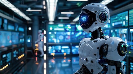 Robot Standing in a Room With Many Lights