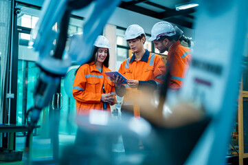 A group of Robotics engineers working with Programming and Manipulating Robot Hand, Industrial Robotics Design, High Tech Facility, Modern Machine Learning. Mass Production Automatics.