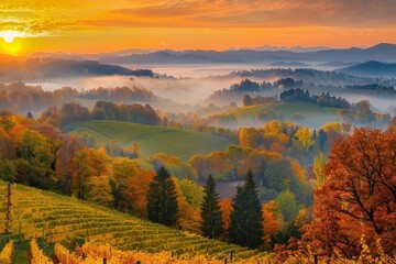 Stunning vineyards landscape in South Styria near Gamlitz. Autumn scene of grape hills in popular travell destination Eckberg. generative ai.
