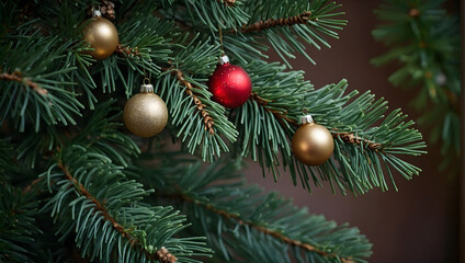 a festive pine twig, Capture the holiday spirit with a lush green pine adorned with ornaments.