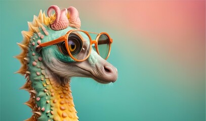 Creative animal concept. Seahorse in sunglass shade glasses isolated on solid pastel background, commercial, editorial advertisement, surreal surrealism