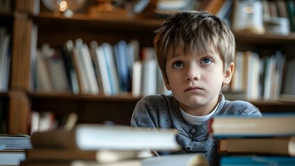 A melancholic boy with learning challenges gazes at books and notebooks. Concept Bookstore photography, Intellectual portraits, Melancholy mood, Learning difficulties, Thoughtful poses