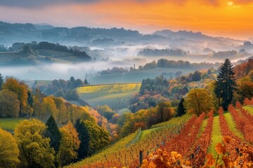 Stunning vineyards landscape in South Styria near Gamlitz. Autumn scene of grape hills in popular travell destination Eckberg. generative ai.
