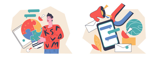 Inbound marketing and SMM management banners set, flat vector illustration isolated on white background. SMM strategy of digital marketing.