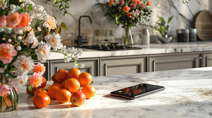 A phone mockup resting on a marble countertop in a modern kitchen, surrounded by fresh fruits and flowers.