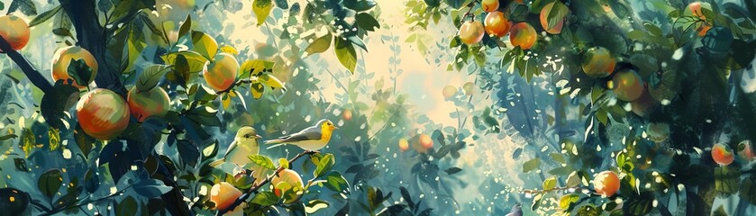 Illustrate a serene watercolor painting from a birds-eye perspective, a lush orchard alive with birds among ripe, juicy processed fruits, sunlight dappling through leaves, creating a magical ambiance