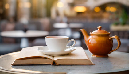 Cup of tea and paper book, cozy cafe blurred interior. Warm beverage and reading, lifestyle concept.
