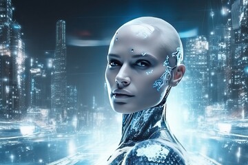 Android robot with female face on digital background. New reality. Replacing people with robots.