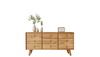 Wooden cabinet and accessories decor in living room interior on transparent background