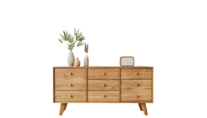 Wooden cabinet and accessories decor in living room interior on transparent background