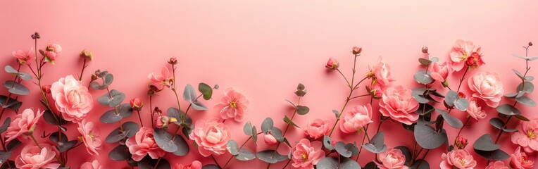 Pink Flowers and Eucalyptus Leaves Composition on Pastel Pink Background - Flat Lay Top View with Copy Space