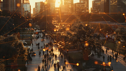 Aerial view cityscape at night with skyline and connectivity link of light grid concept of...