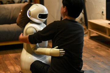 a man hugs a robot