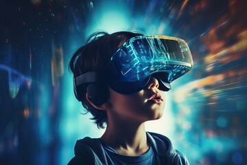Escape from the real world. Close-up image of a little boy in virtual reality glasses. A world of bright colors and events. Total digitalization of society and people's dependence on gadgets.