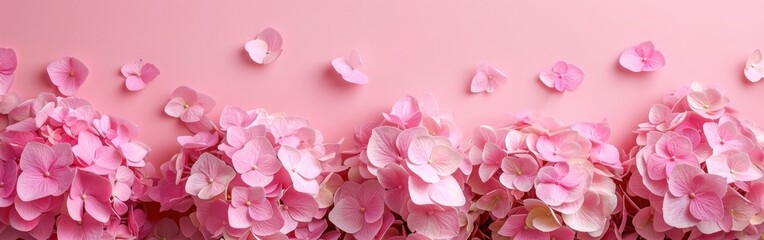 Hydrangea Flowers Composition on Pastel Pink Background - Top View Flat Lay with Copy Space