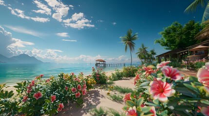 Beautiful wide angle shot of a white, colorful flower garden and a beachside bar is visible in the...