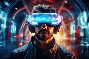 Young man wearing virtual reality glasses in neon lights. The digitalization of society is like a virus.