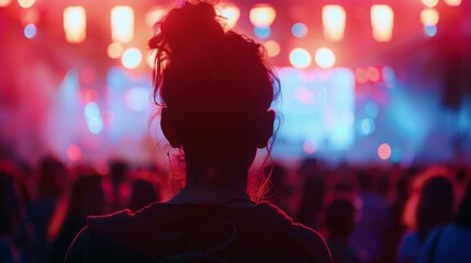 A woman confidently stands in front of a large, enthusiastic crowd at a lively concert event. - Powered by Adobe