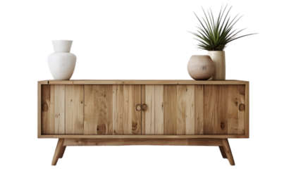 Wooden cabinet and accessories decor in living room interior on transparent background