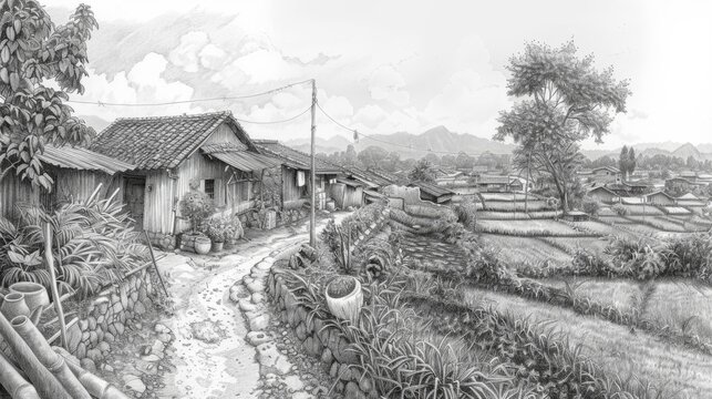 A beautiful pencil drawing of a rural village with mountains in the background.