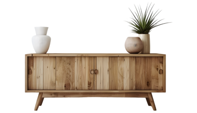 Wooden cabinet and accessories decor in living room interior on transparent background