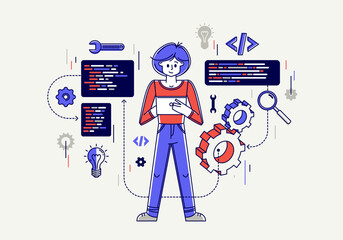 Computer engineer in work vector outline illustration, programmer and system administrator doing his job with some operating system,